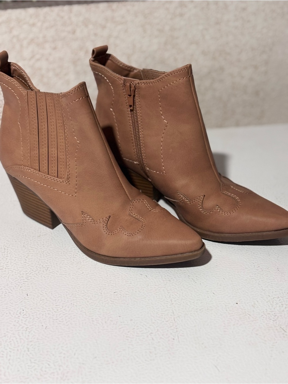 Indigo Brown Western Ankle Booties with Stacked Heel